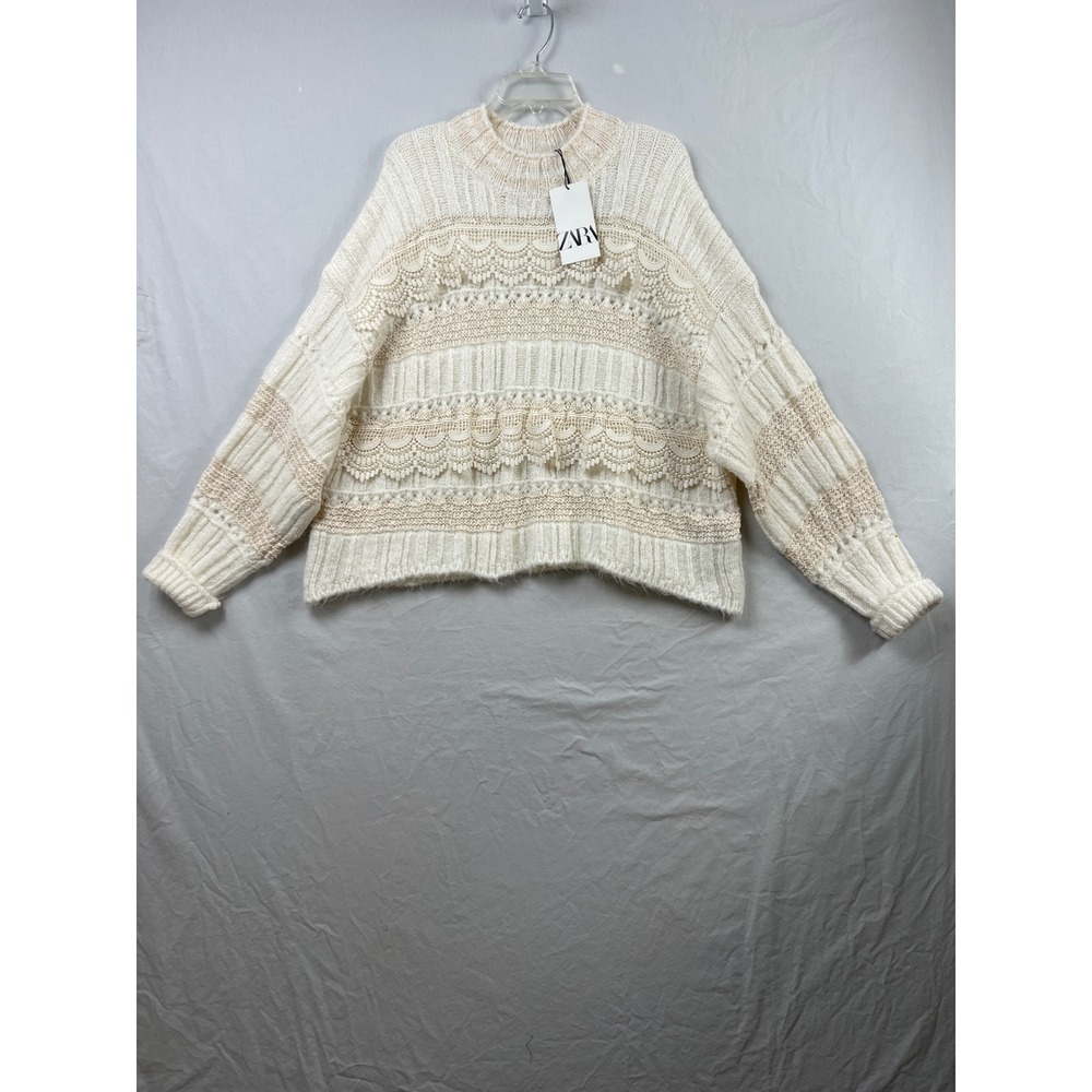 Zara Crochet Knit Sweater Womens Large Cream Alpaca Blend Lace Trim Cropped